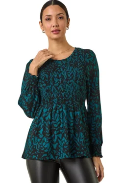 Tops>Roman Teal Abstract Printed Shirred Tunic Top