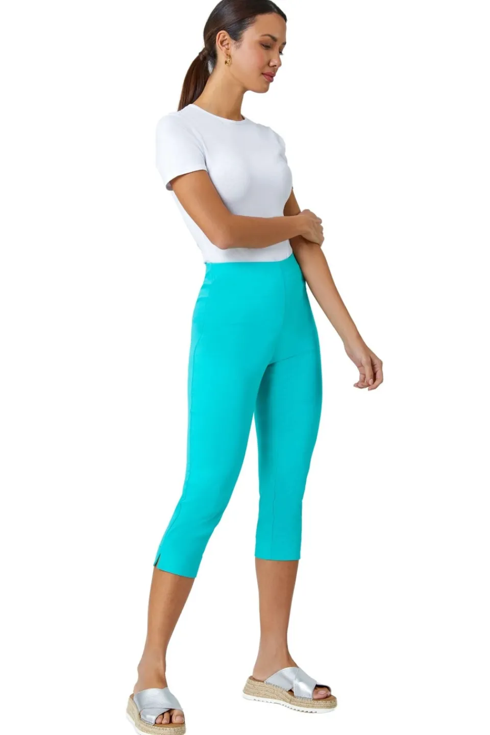 Trousers>Roman Teal Cropped Stretch Trouser Capri Summer Leggings 3/4 Pedal Pushers