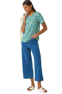 T-Shirts>Roman Teal Ikat Print Stretch T Shirt