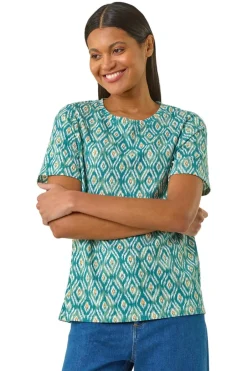 T-Shirts>Roman Teal Ikat Print Stretch T Shirt