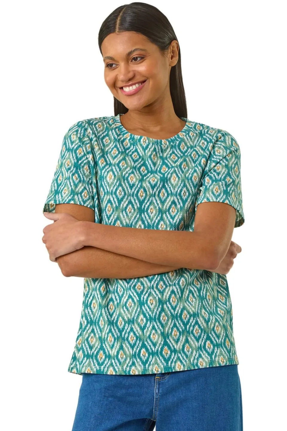 T-Shirts>Roman Teal Ikat Print Stretch T Shirt