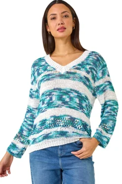 Tops>Roman Teal Spacedye Stripe Knit Jumper