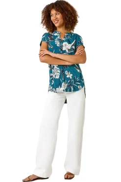 Tops>Roman Teal Textured Floral Print Overshirt