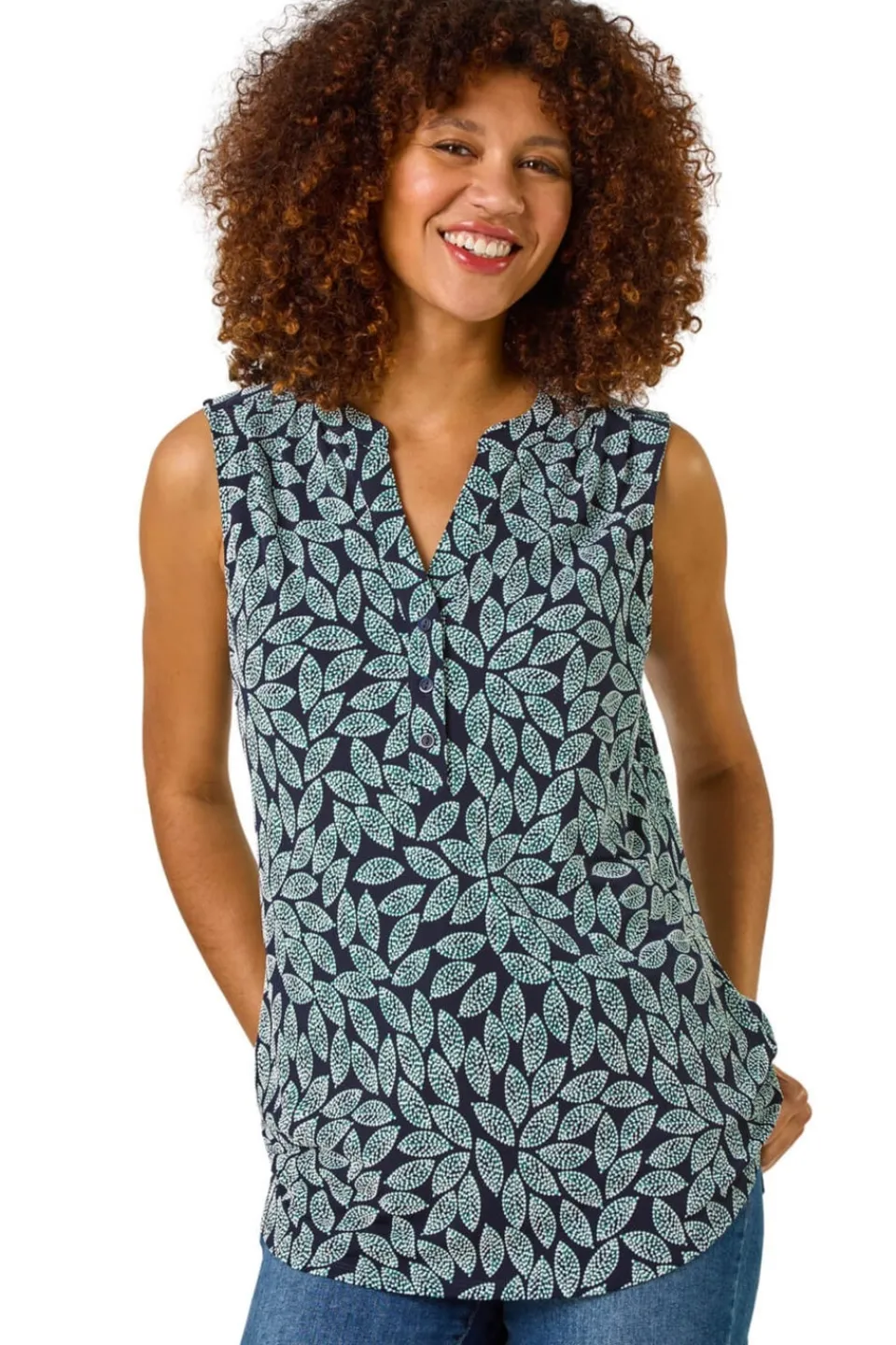 Tops>Roman Teal Textured Leaf Print Stretch Top