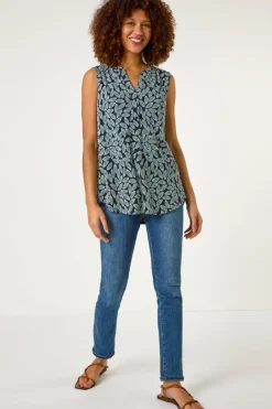 Tops>Roman Teal Textured Leaf Print Stretch Top