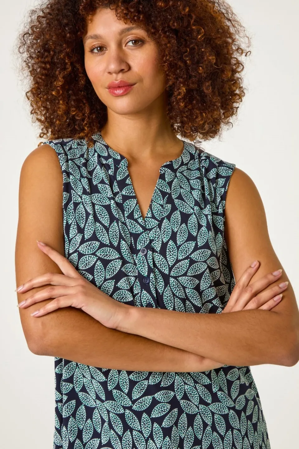 Tops>Roman Teal Textured Leaf Print Stretch Top