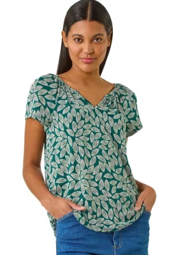 T-Shirts>Roman Teal Textured Leaf Print Stretch Top