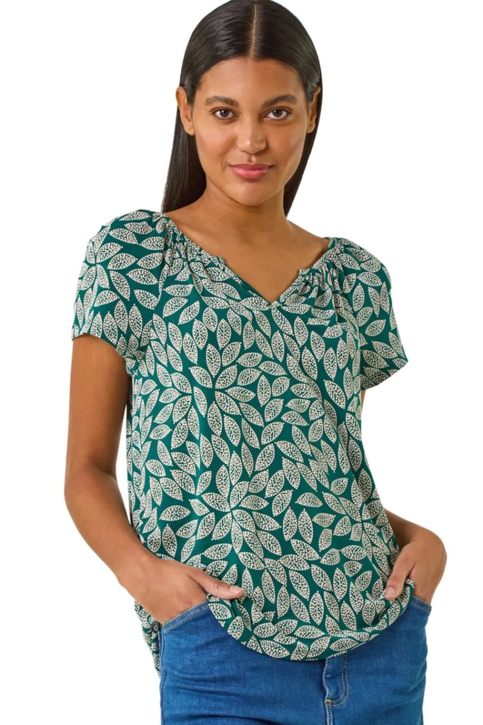 T-Shirts>Roman Teal Textured Leaf Print Stretch Top