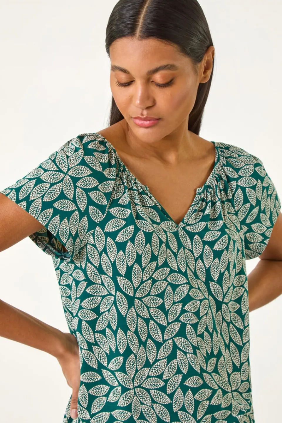 T-Shirts>Roman Teal Textured Leaf Print Stretch Top