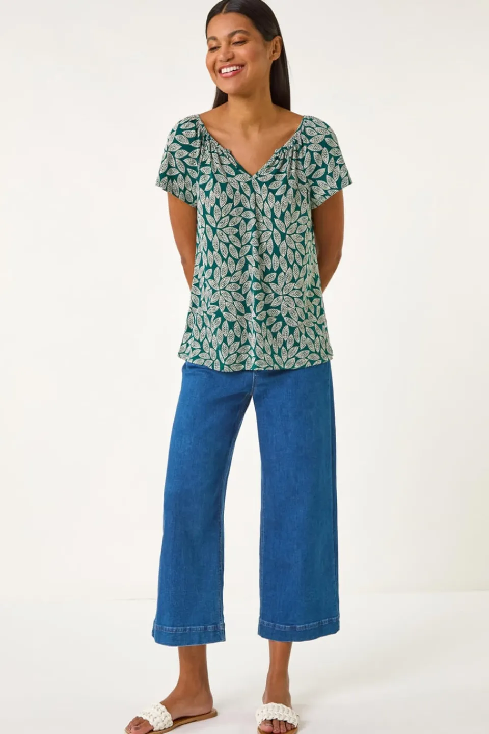 T-Shirts>Roman Teal Textured Leaf Print Stretch Top