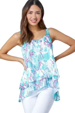 Tops>Roman Turquoise Animal Print Shimmer Detail  V-Neck Vest Top