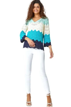 Tops>Roman Turquoise Colour Block Crochet Knit Jumper