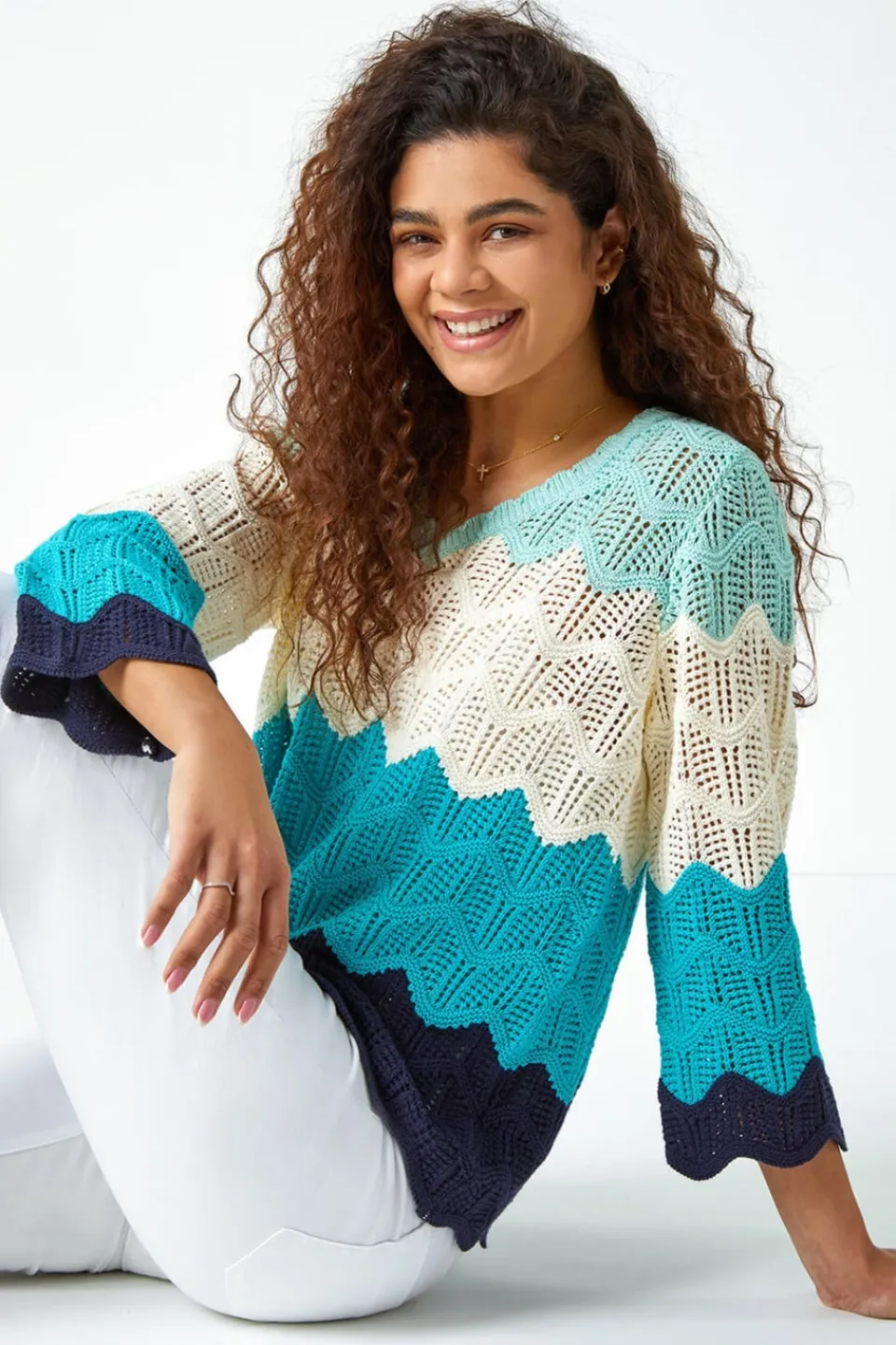 Tops>Roman Turquoise Colour Block Crochet Knit Jumper