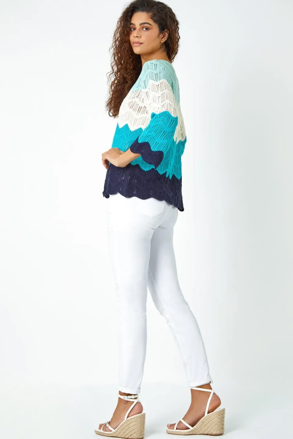 Tops>Roman Turquoise Colour Block Crochet Knit Jumper
