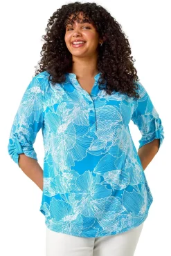 Tops>Roman Turquoise Curve Textured Floral Print V Neck Shirt