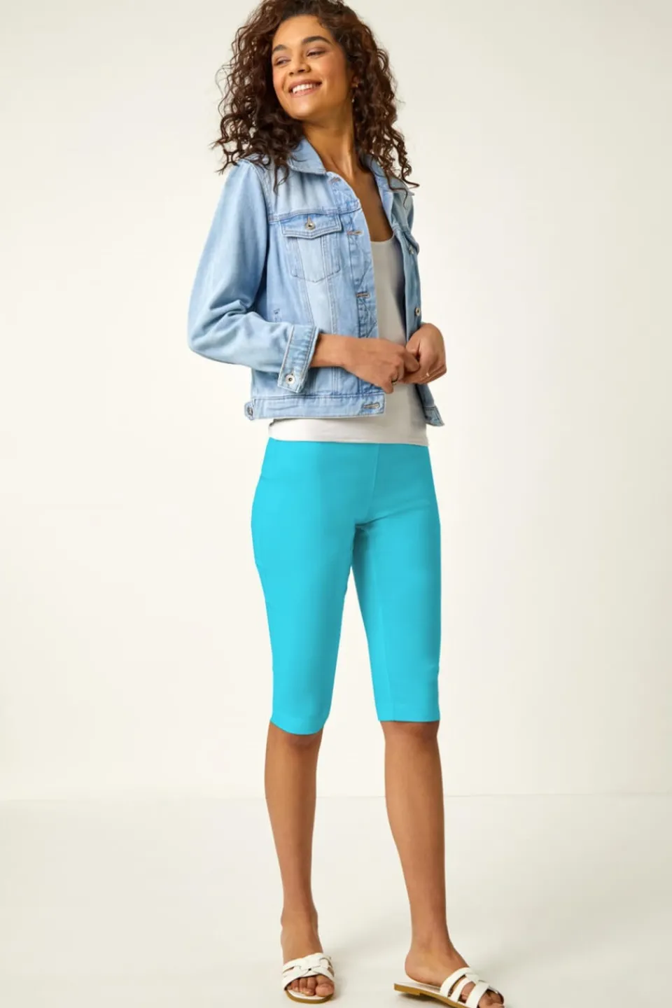 Shorts>Roman Elastic Waist Knee Length Stretch Shorts Turquoise