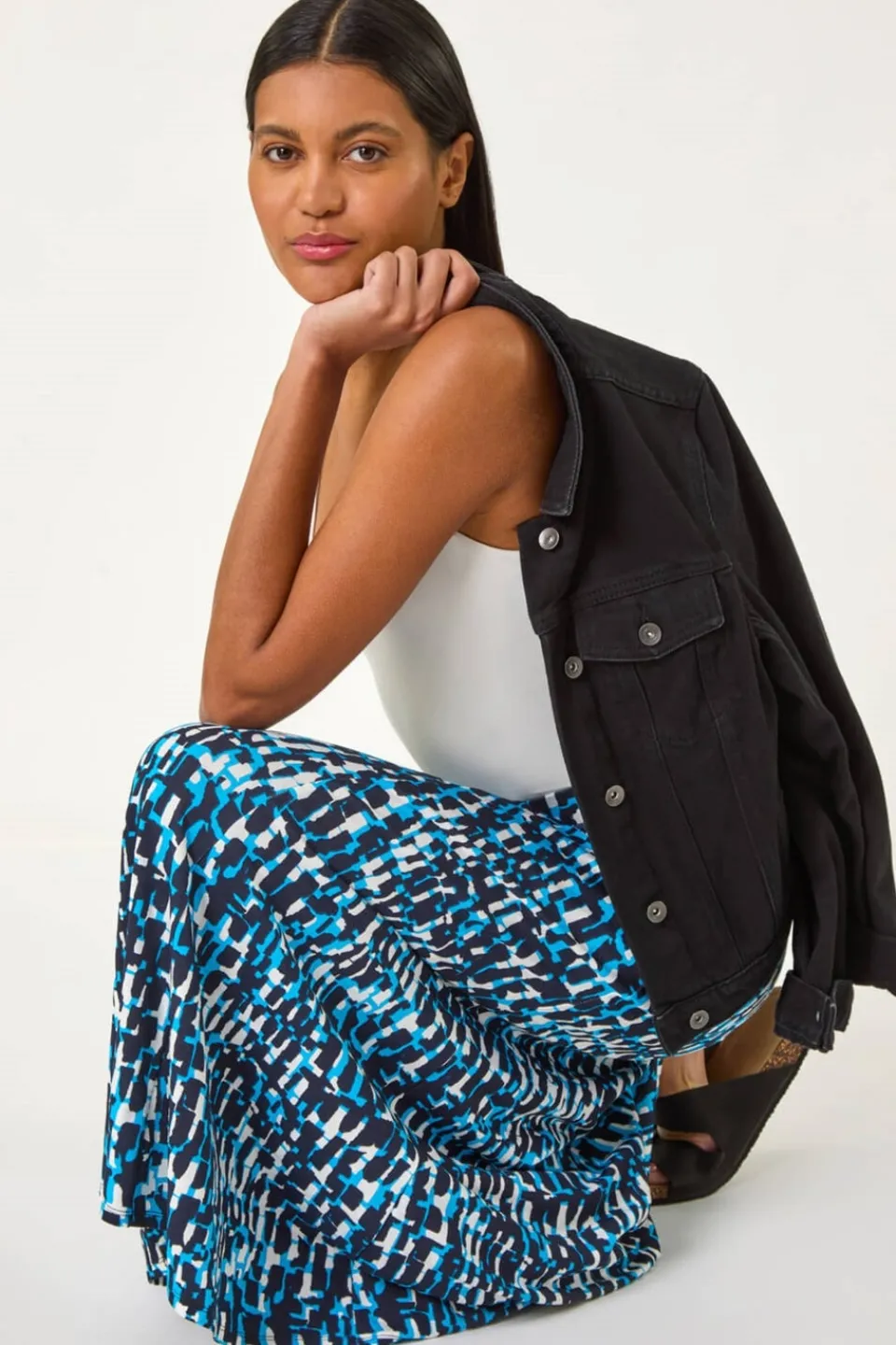 Skirts>Roman Turquoise Geo Print A Line Stretch Skirt