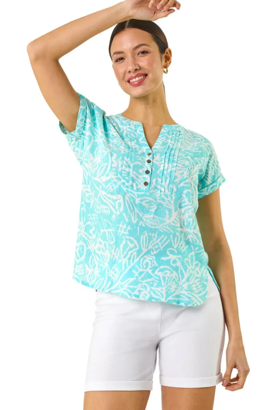 Tops>Roman Turquoise Leaf Print V Neck Button Top