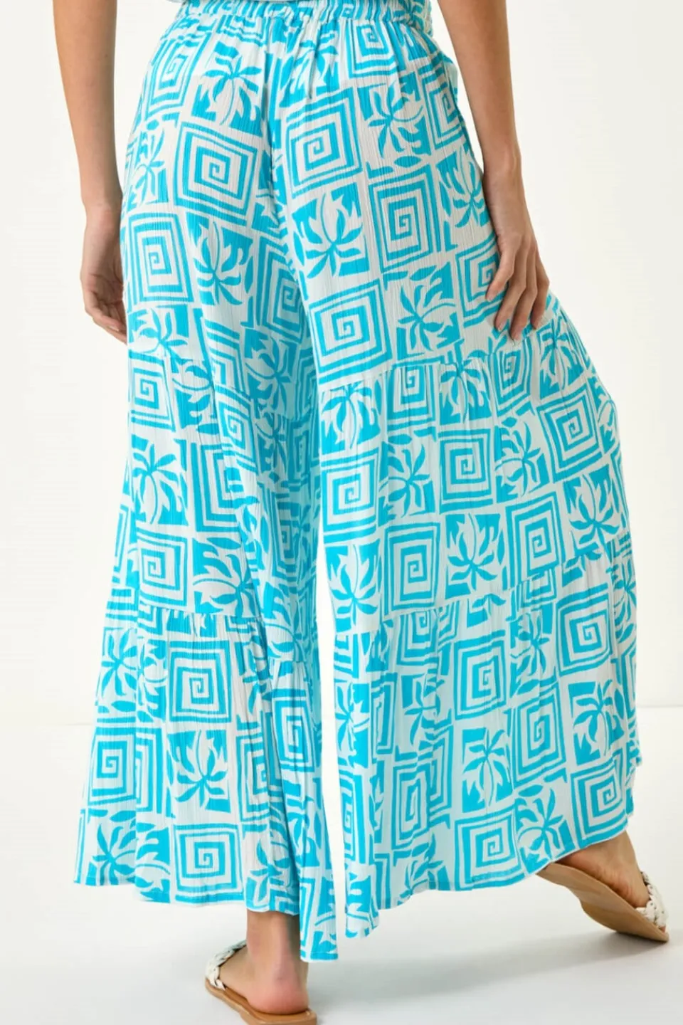 Trousers>Roman Turquoise Palm Tile Print Tiered Palazzo Trouser