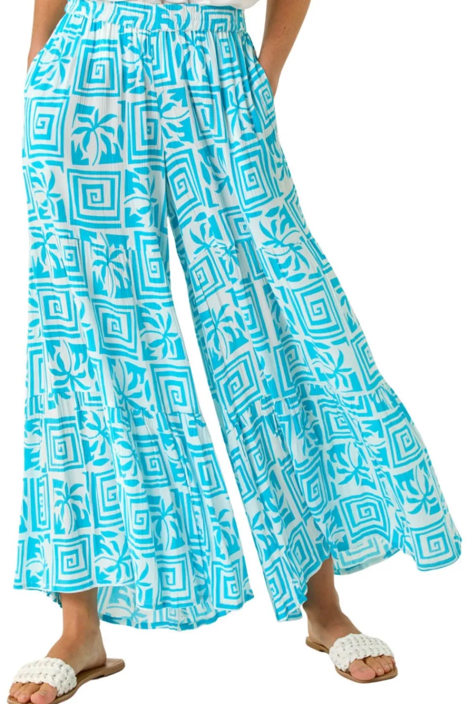Trousers>Roman Turquoise Palm Tile Print Tiered Palazzo Trouser