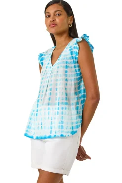 Tops>Roman Turquoise Pleated Tie Dye Frill Top