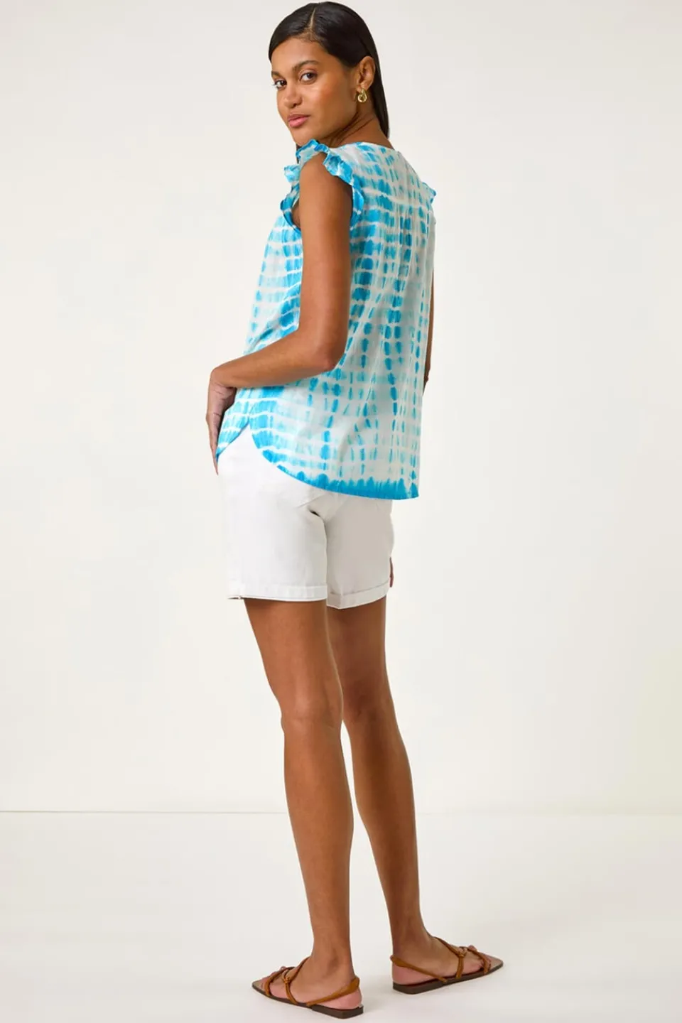 Tops>Roman Turquoise Pleated Tie Dye Frill Top