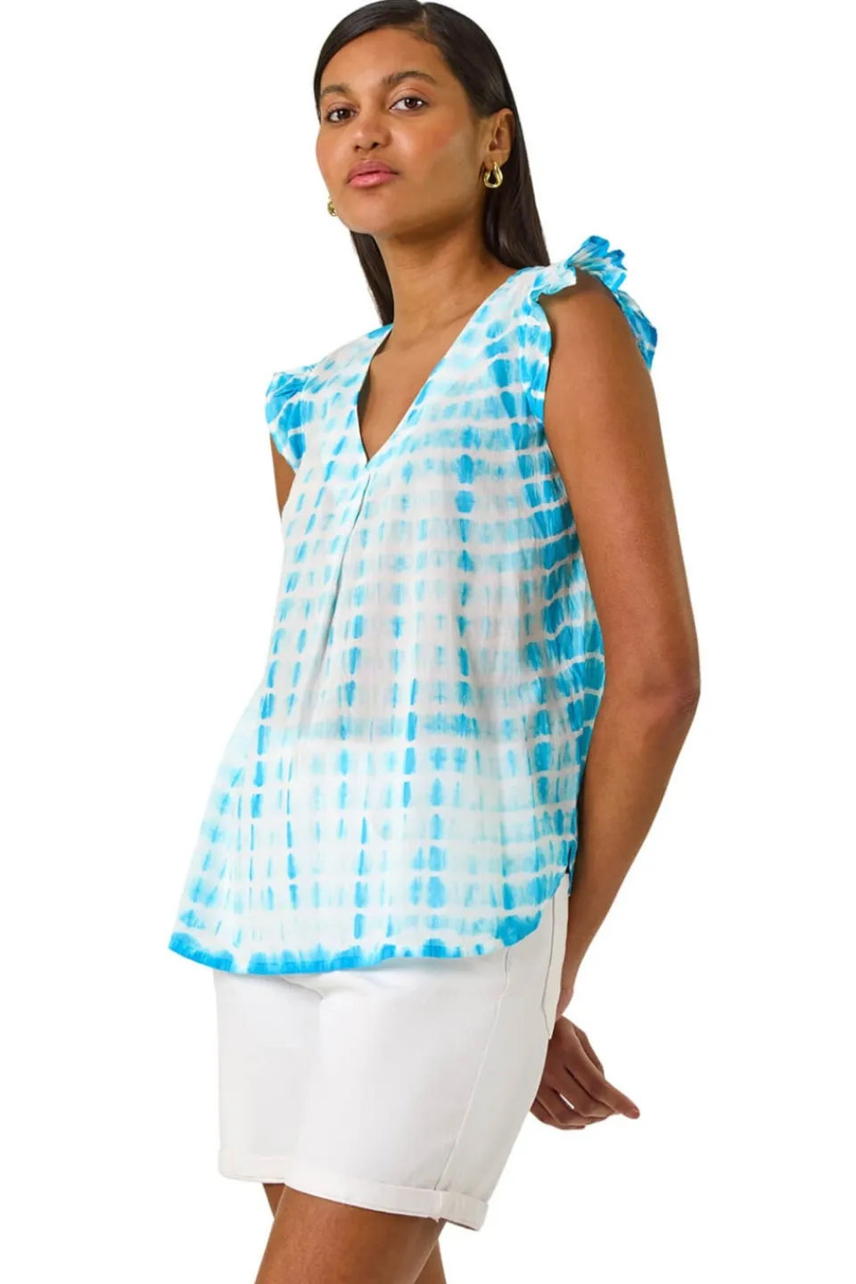 Tops>Roman Turquoise Pleated Tie Dye Frill Top