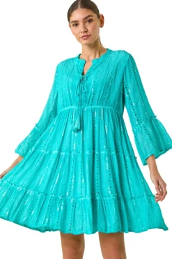 Dresses>Roman Turquoise Shimmer Tie Detail Smock Dress