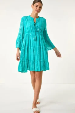 Dresses>Roman Turquoise Shimmer Tie Detail Smock Dress