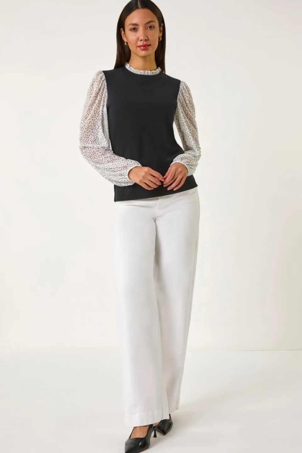 Tops>Roman White 2 in 1 Polka Dot Mesh Top