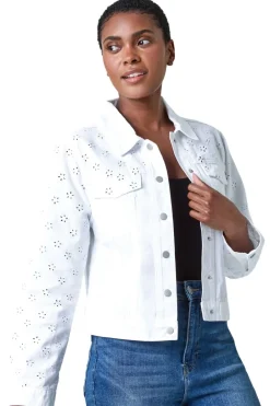Coats & Jackets>Roman White Cotton Blend Broderie Sleeve Jacket