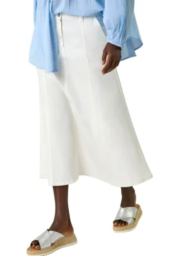 Skirts>Roman White Cotton Denim Panelled Midi Skirt