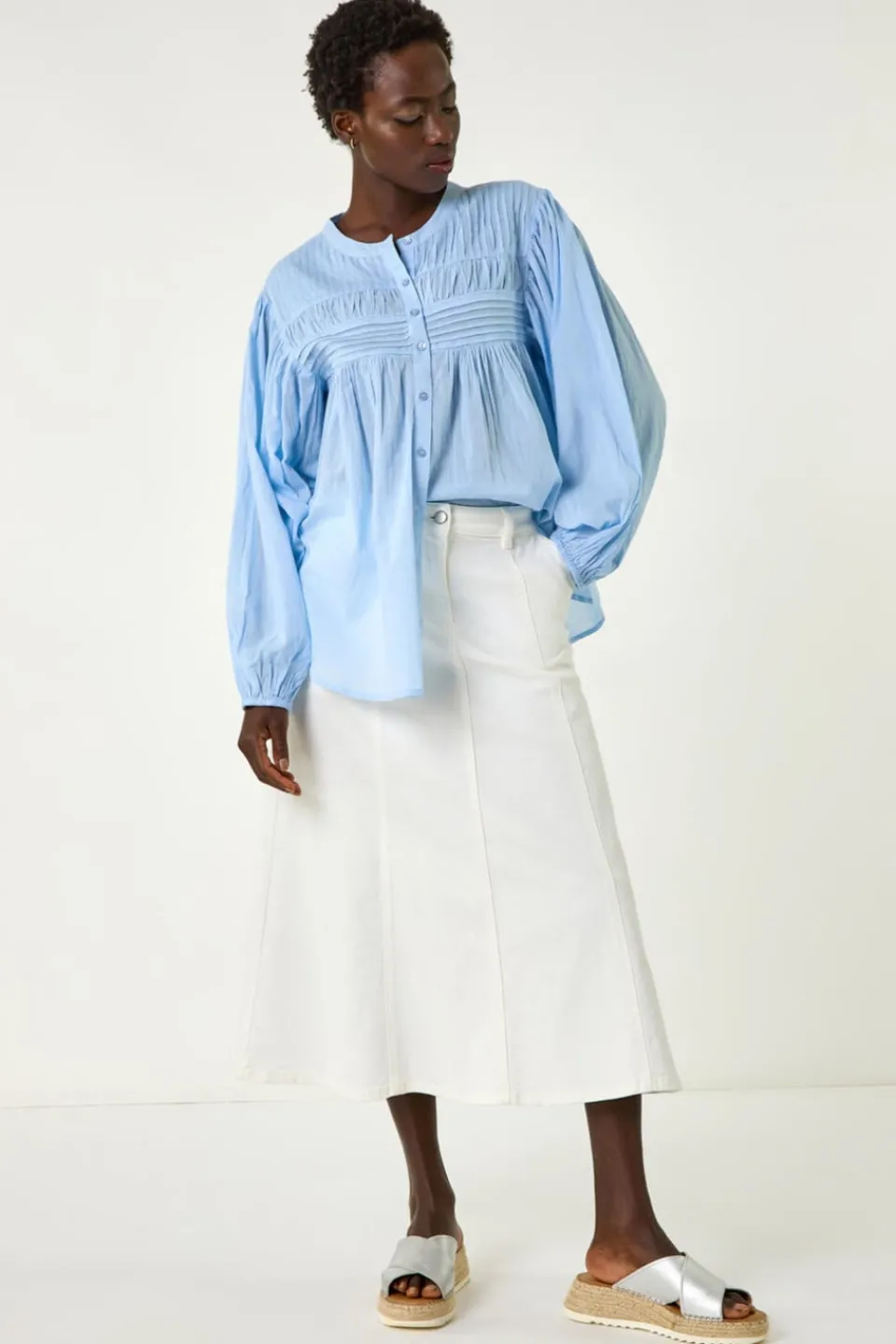 Skirts>Roman White Cotton Denim Panelled Midi Skirt
