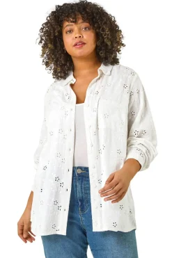 Tops>Roman White Curve Broderie Collared Shirt