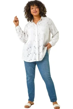 Tops>Roman White Curve Broderie Collared Shirt