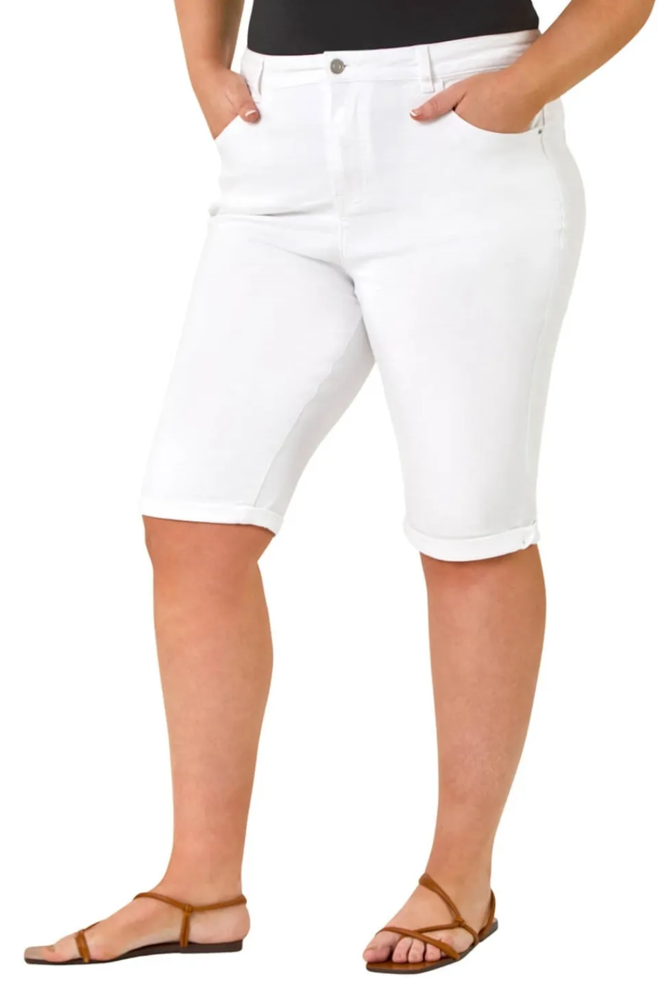 Shorts>Roman White Curve Stretch Knee Length Denim Shorts