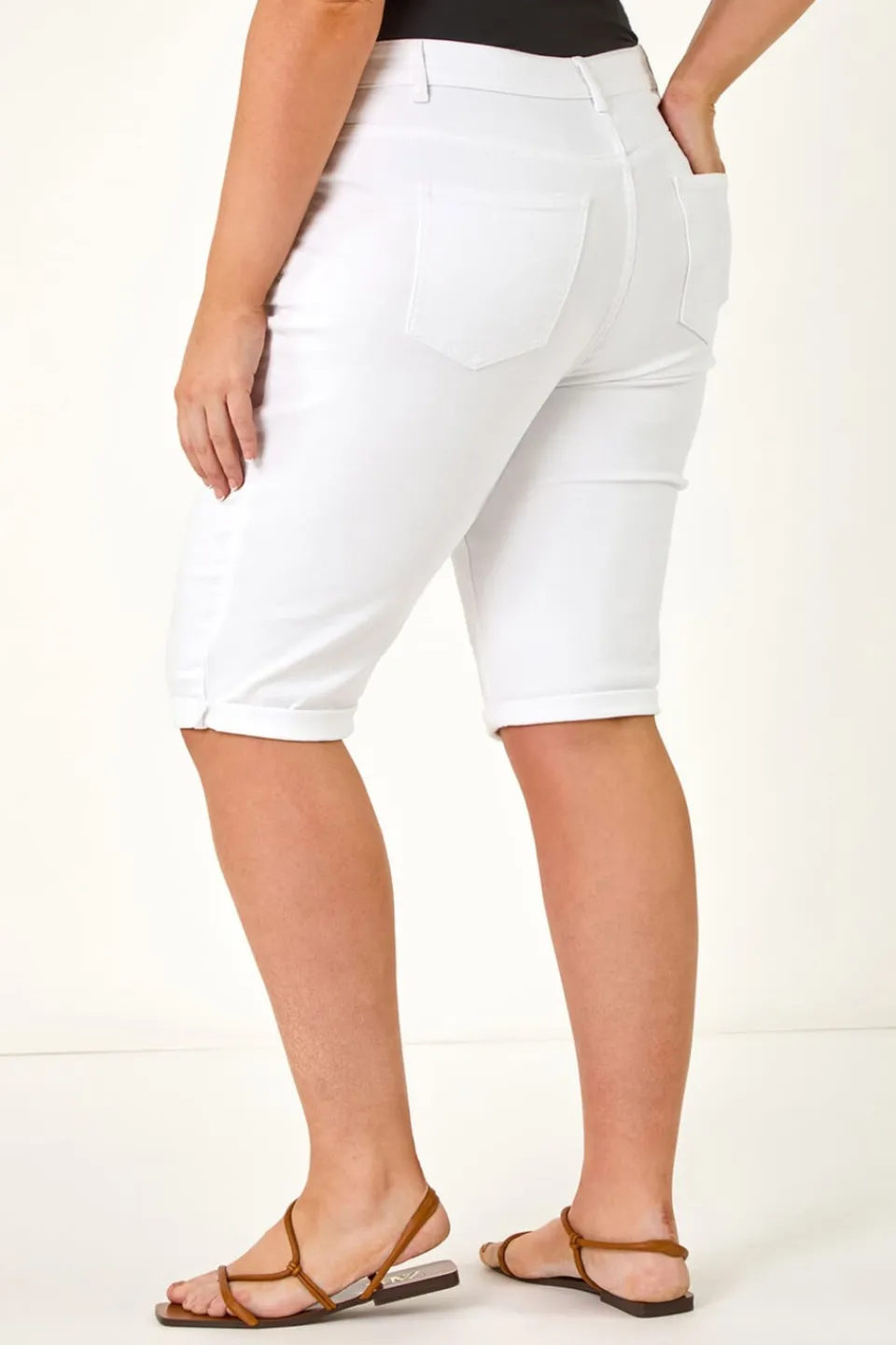 Shorts>Roman White Curve Stretch Knee Length Denim Shorts