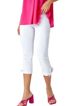 Trousers>Roman White Elastic Waist Tie Hem Cropped Trousers