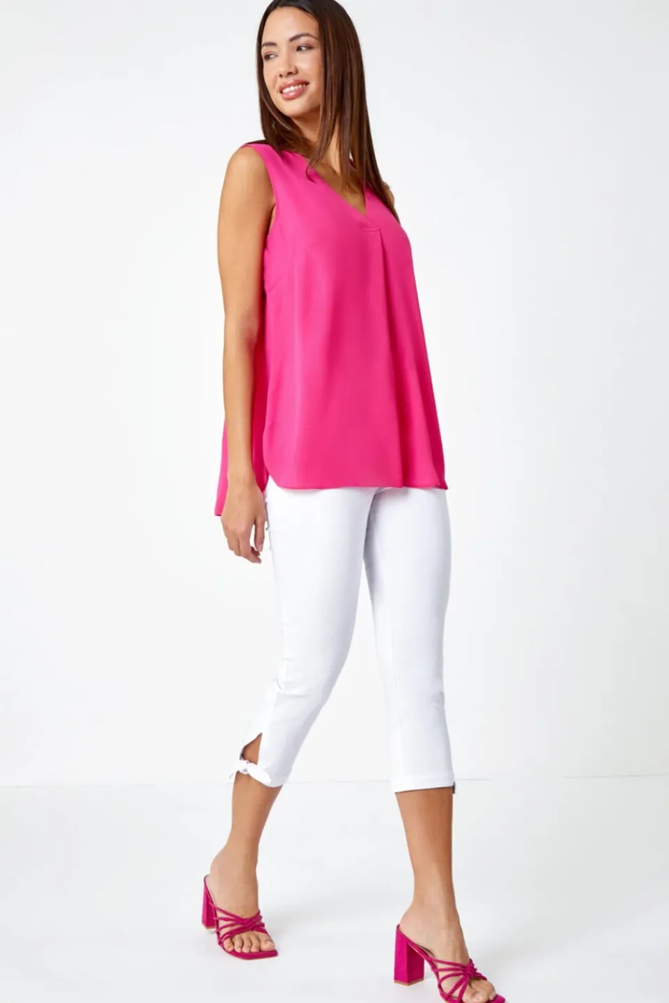 Trousers>Roman White Elastic Waist Tie Hem Cropped Trousers