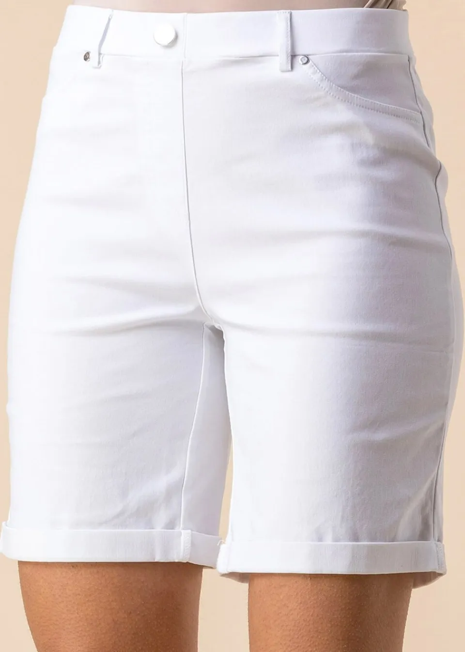Shorts>Roman Elastic Waist Turn Up Stretch Shorts White