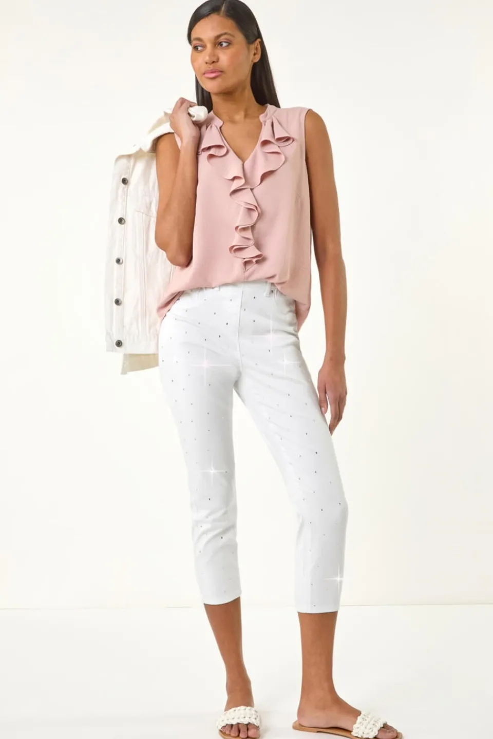 Leggings>Roman White Embellished Cropped Stretch Jeggings