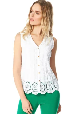 Tops>Roman White Eyelet Detail Embroidered Crinkle Blouse