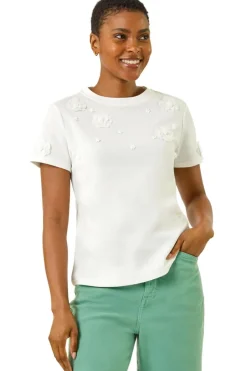 T-Shirts>Roman White Floral Applique T-shirt