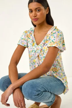 T-Shirts>Roman White Floral Print Ruffle V Neck Top