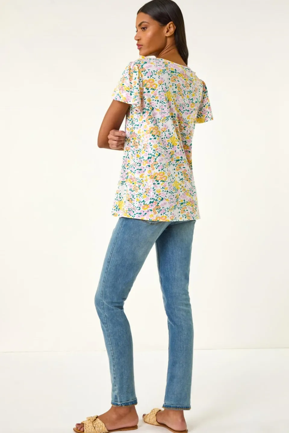T-Shirts>Roman White Floral Print Ruffle V Neck Top