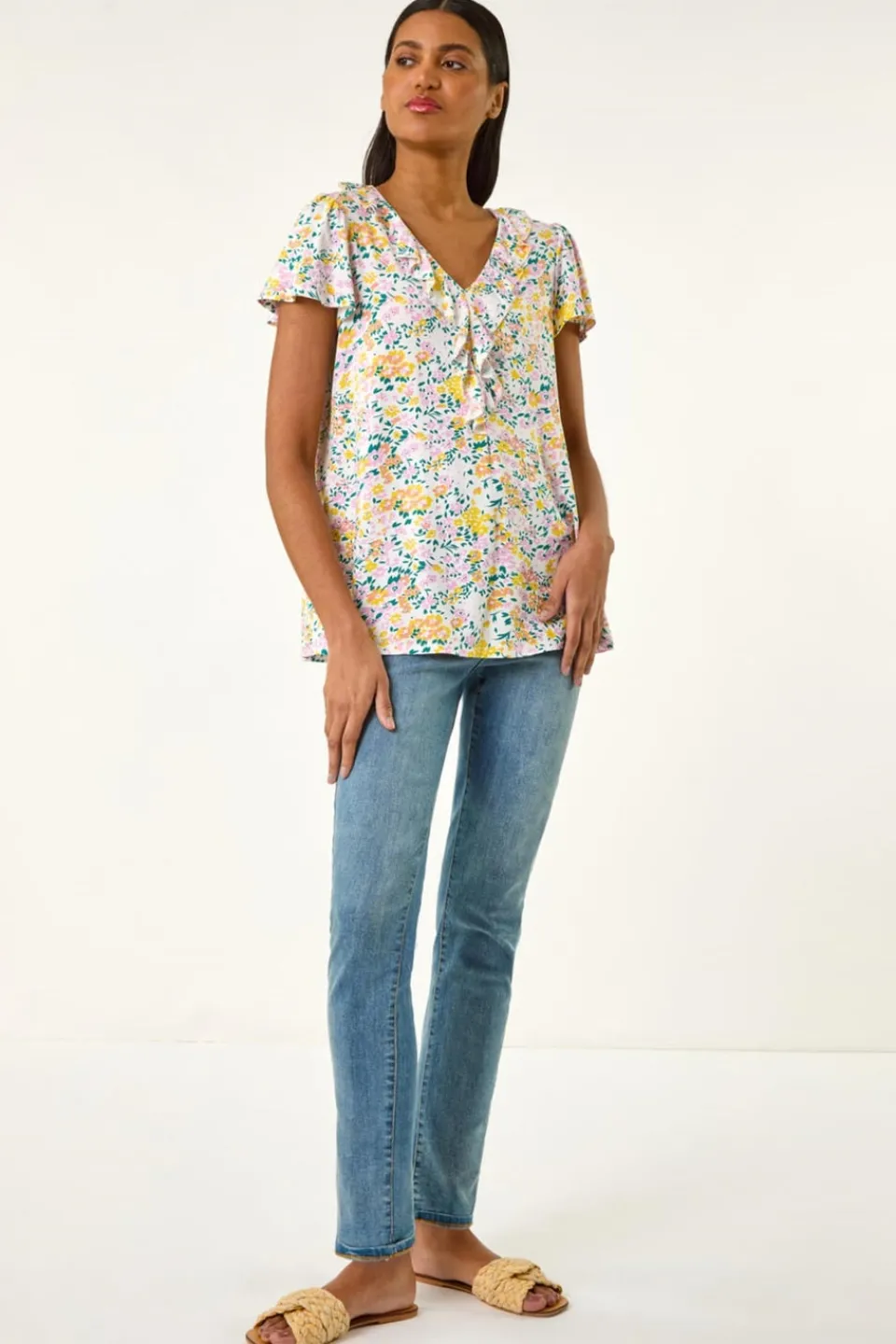 T-Shirts>Roman White Floral Print Ruffle V Neck Top