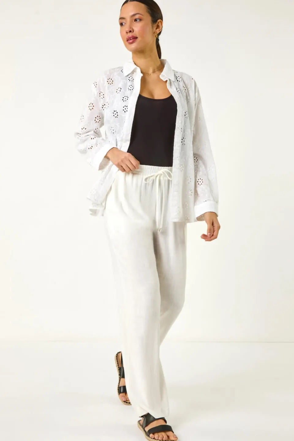 Trousers>Roman Full Length Linen Blend Trousers White