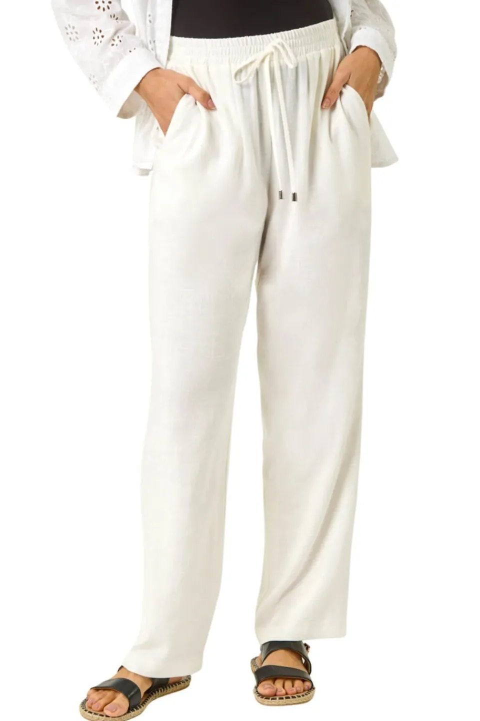 Trousers>Roman Full Length Linen Blend Trousers White