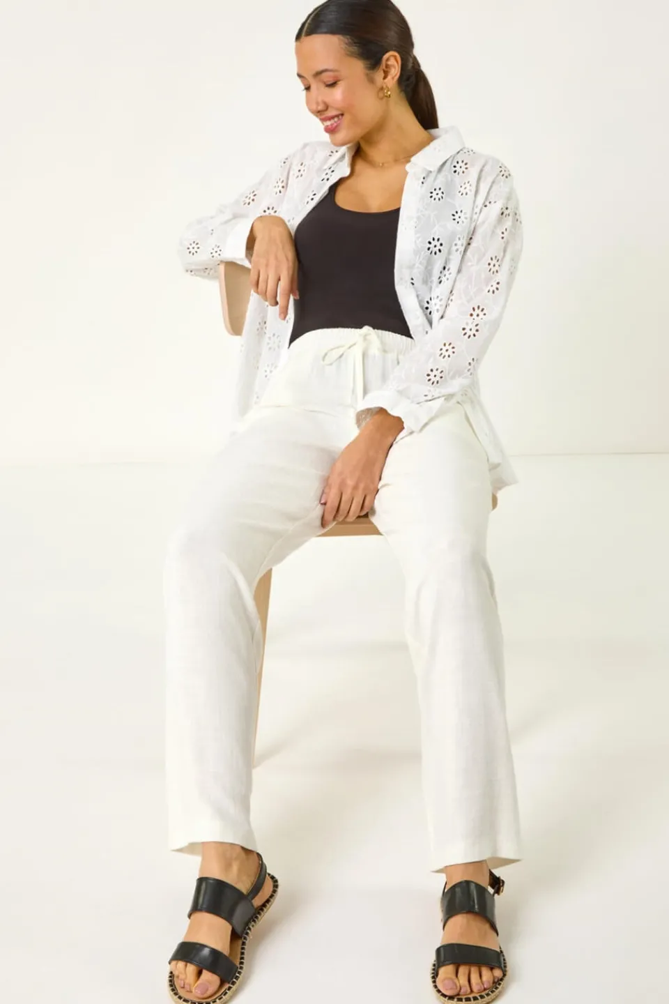 Trousers>Roman Full Length Linen Blend Trousers White