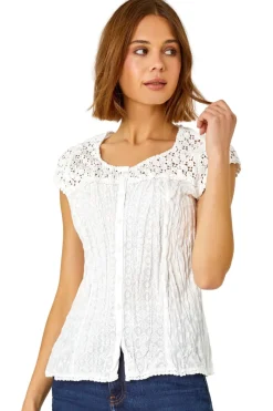 T-Shirts>Roman White Lace Embroidered Crinkle Blouse Broderie Anglaise Cotton Top
